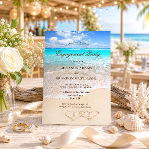 Sand Hearts Blue Ocean Beach Engagement Party Invitation