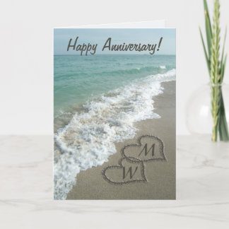 Sand Hearts on Beach Personalized Anniversary Card