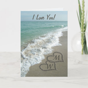 Sand Hearts on Beach Personalized Anniversary Card