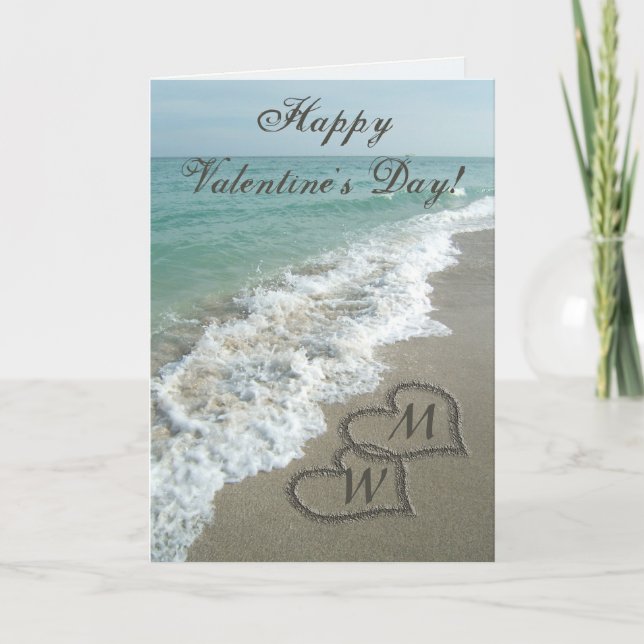 Sand Hearts on Beach Personalized Valentine Holiday Card (Front)