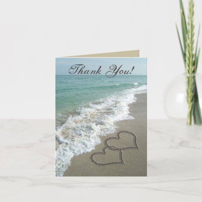 Sand Hearts on Beach Thank You Note Card (Front)