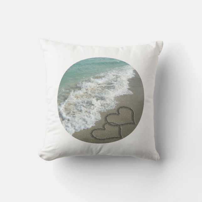 Sand Hearts on the Beach Throw Pillow (Front)