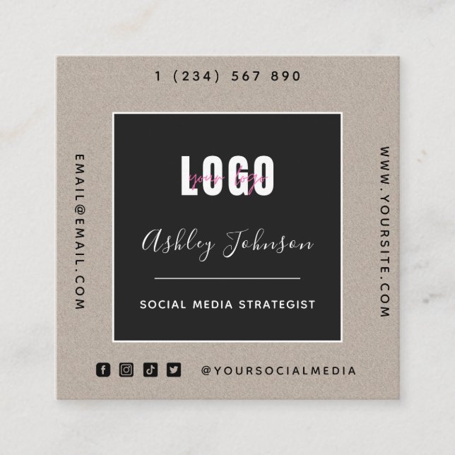 Sand Kraft Paper Add Logo Qr Code Social Media Square Business Card (Front)