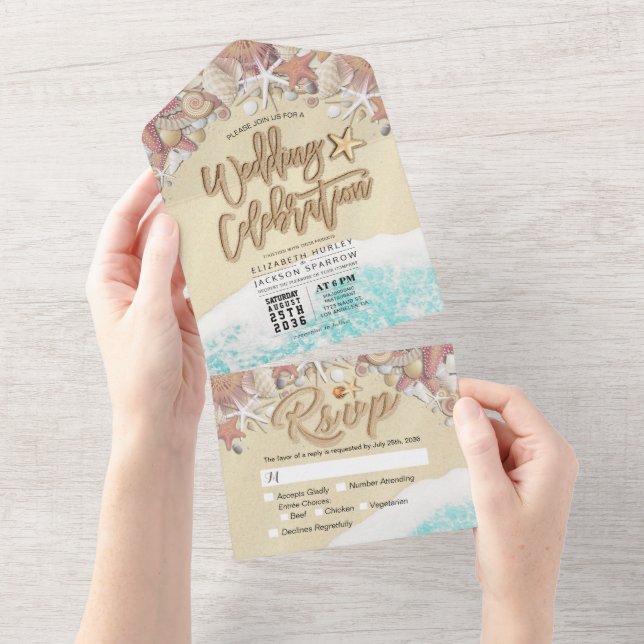 Sand Letter Starfish Seashell Summer Beach Wedding All In One Invitation (Tearaway)