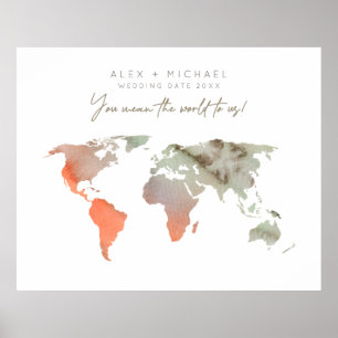 Sand/Orange Watercolor World Map Poster Guest Book