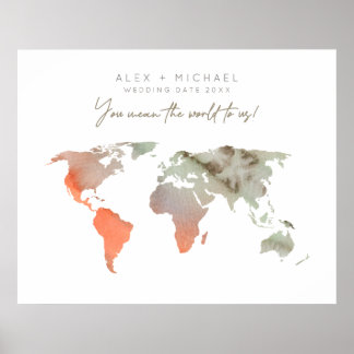 Sand/Orange Watercolor World Map Poster Guest Book