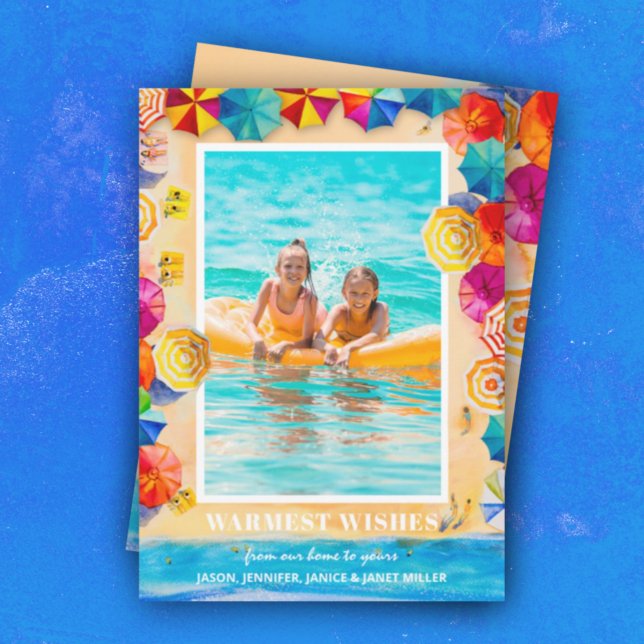 Sand Sea Beach Umbrellas Photo Christmas Holiday Card (Creator Uploaded)