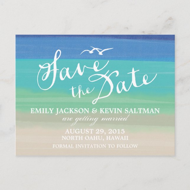 Sand, Sea & Seagulls | Painted Ocean Save the Date Announcement Postcard (Front)