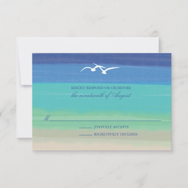 Sand, Sea & Seagulls | Painted Ocean Wedding RSVP (Front)