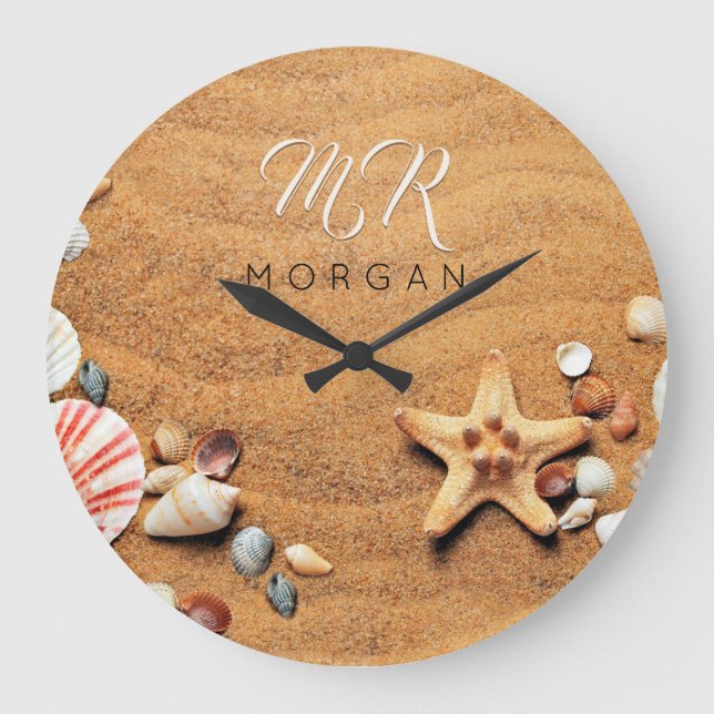 Sand & Sea Shells, DIY Name & Monogram, Wh Script Large Clock (Front)