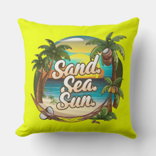 "Sand, Sea & Sun" Coconuts Palm Beach Summer Throw Pillow