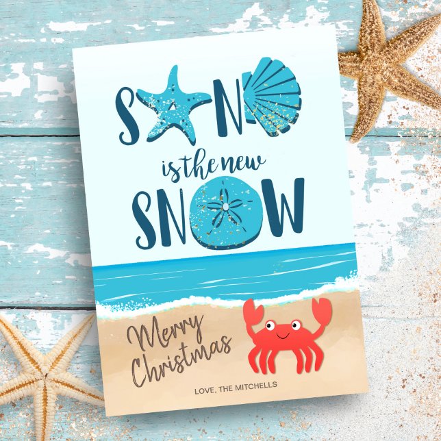 Sand Snow Seashell Beach Coastal Crab Christmas Holiday Card (Creator Uploaded)