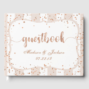 Sand Stripes & Rose Gold Confetti Wedding Monogram Guest Book