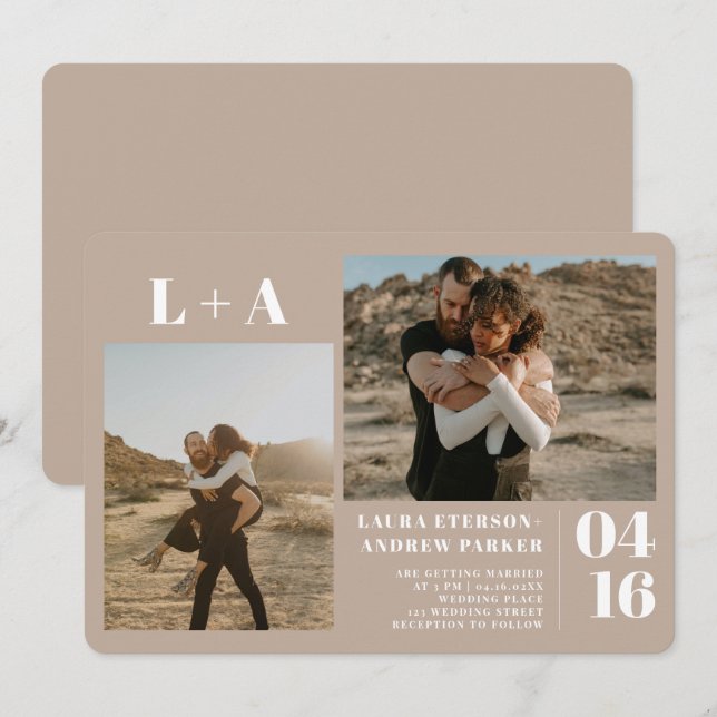 Sand tan minimalist initials 2 photos wedding invitation (Front/Back)