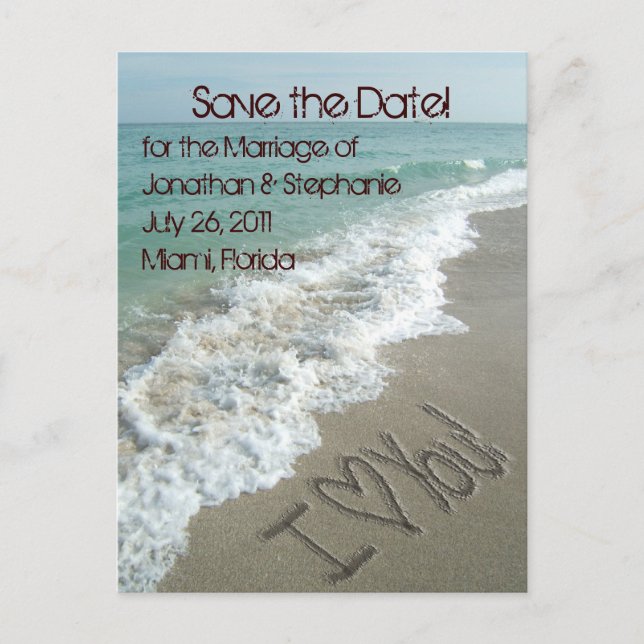 Sand Writing on the Beach Save the Date Postcard (Front)