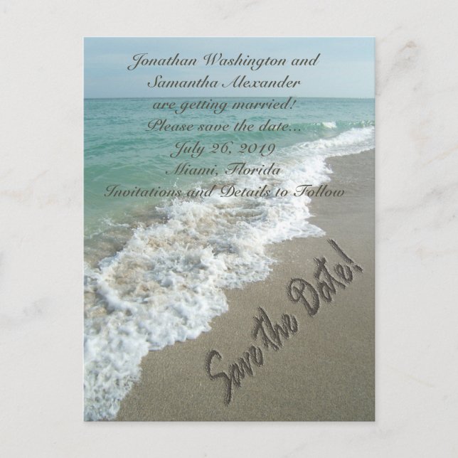 Sand Writing on the Beach Save the Date Postcard (Front)