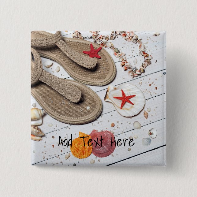 Sandals, Seashells and Starfish at the Beach 2 Inch Square Button (Front)