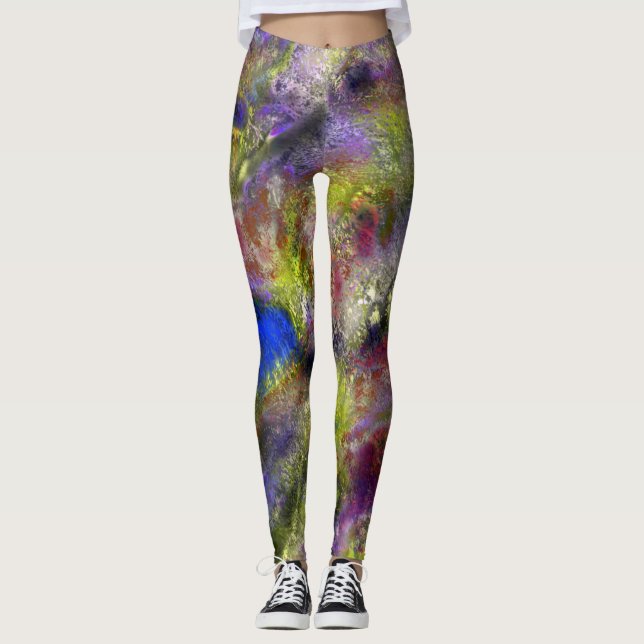Sandblasted splattered yellow red paint on cotton  leggings (Front)