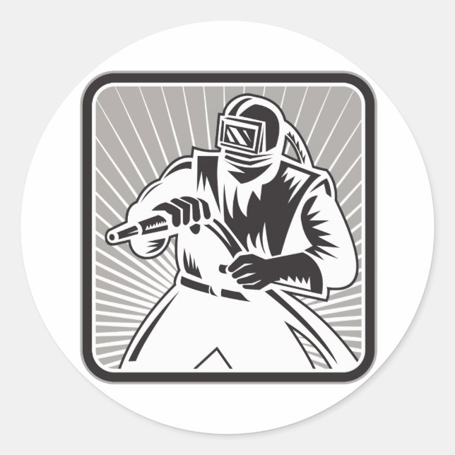 Sandblaster Sand Blaster Woodcut Retro Classic Round Sticker (Front)