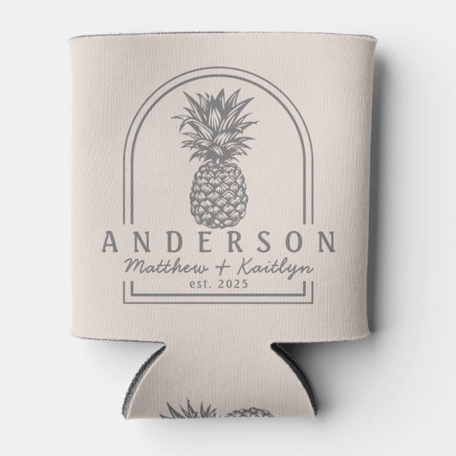 Sandcastle Pink Pineapple Wedding Arch & Name Can Cooler (Front)