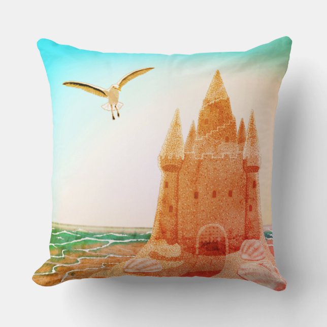 Sandcastle Seagull cotton throw pillow (Front)