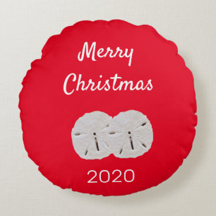 Sanddollar Pattern Red White Beach Merry Christmas Round Pillow