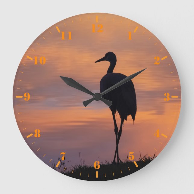 Sandhill crane bird silhouette at sunset large clock (Front)