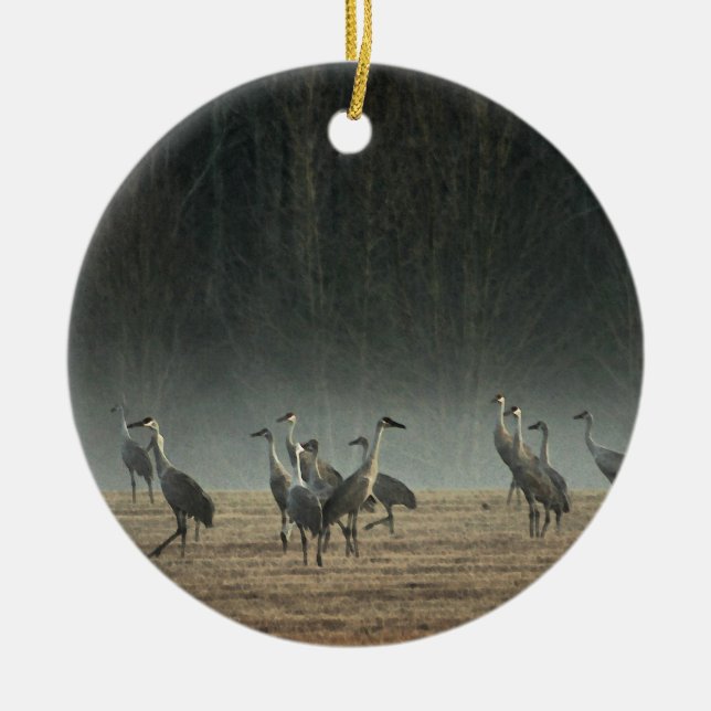 Sandhill Cranes in the Early Morning Spring Mist Ceramic Ornament (Front)