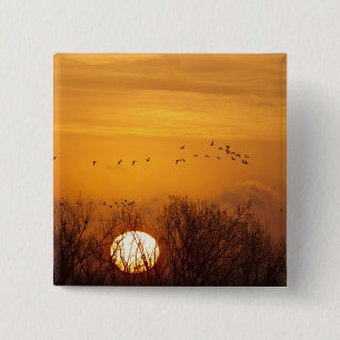 Sandhill cranes silhouetted aginst rising sun 2 inch square button