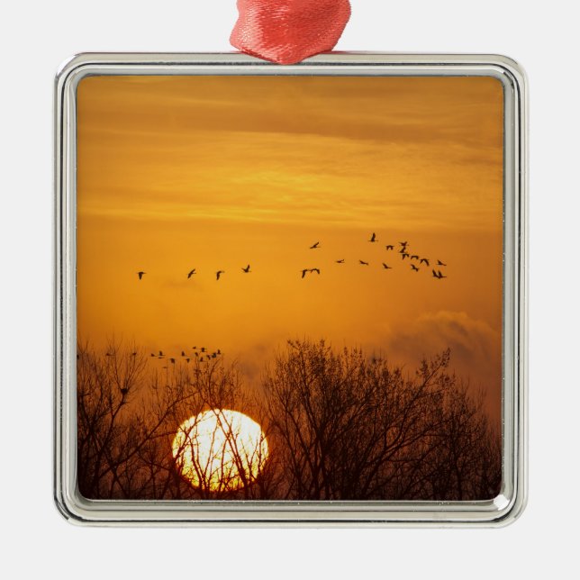 Sandhill cranes silhouetted aginst rising sun metal ornament (Front)