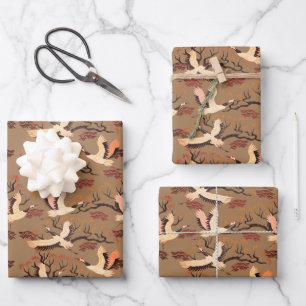 Sandhill Cranes Trees Pattern Brown Gift  Wrapping Paper Sheet