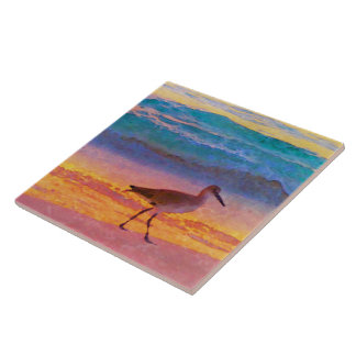 sandpiper on beach at sunset tile