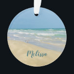 Sandpiper on the Seashore | Beautiful Beach Custom Ornament<br><div class="desc">Beautiful beach ornament with gorgeous seaside photography featuring a pretty sandpiper standing at the edge of the ocean waves on a sunny summer day. Lovely blue green water waves roll onto the sandy shore where your name is personalized in cute teal typography. A beautiful Christmas gift for a daughter, mom,...</div>