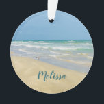 Sandpiper on the Seashore | Beautiful Beach Custom Ornament<br><div class="desc">Beautiful beach ornament with gorgeous seaside photography featuring a pretty sandpiper standing at the edge of the ocean waves on a sunny summer day. Lovely blue green water waves roll onto the sandy shore where your name is personalized in cute teal typography. A beautiful Christmas gift for a daughter, mom,...</div>