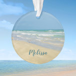 Sandpiper on the Seashore | Beautiful Beach Custom Ornament<br><div class="desc">Beautiful beach ornament with gorgeous seaside photography featuring a pretty sandpiper standing at the edge of the ocean waves on a sunny summer day. Lovely blue green water waves roll onto the sandy shore where your name is personalized in cute teal typography. A beautiful Christmas gift for a daughter, mom,...</div>