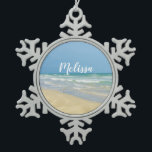 Sandpiper on the Seashore | Beautiful Beach Custom Snowflake Pewter Christmas Ornament<br><div class="desc">Pretty beach ornament with gorgeous seaside photography featuring a pretty sandpiper standing at the edge of the ocean waves on a sunny summer day. Lovely blue green water waves roll onto the sandy shore where your name is personalized in cute teal typography. A beautiful custom Christmas gift for a daughter,...</div>