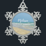 Sandpiper on the Seashore | Beautiful Beach Custom Snowflake Pewter Christmas Ornament<br><div class="desc">Pretty beach ornament with gorgeous seaside photography featuring a pretty sandpiper standing at the edge of the ocean waves on a sunny summer day. Lovely blue green water waves roll onto the sandy shore where your name is personalized in cute teal typography. A beautiful custom Christmas gift for a daughter,...</div>