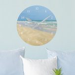 Sandpiper on the Seashore | Beautiful Beach Round Clock<br><div class="desc">This beautiful seaside clock is perfect to decorate a cute beach house. Light blue green waves roll up on a gorgeous beach under a pretty blue sky. I love the coast and relaxing in my beach home. There's nothing more peaceful than a sunny day at the beach.</div>