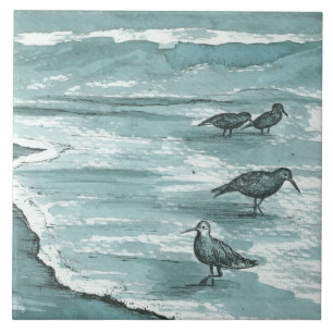 Sandpiper Shore Birds Ocean Waves Grey Tile