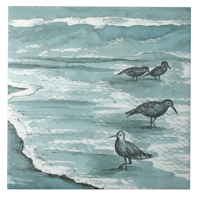 Sandpiper Shore Birds Ocean Waves Grey Tile (Front)