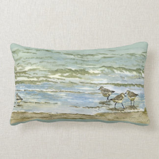 Sandpipers beach bird watercolor in sea blue green lumbar pillow