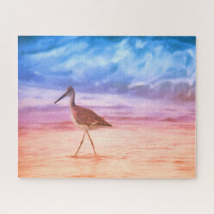 Sandpiper's Morning Walk On Beach During Sunrise Jigsaw Puzzle