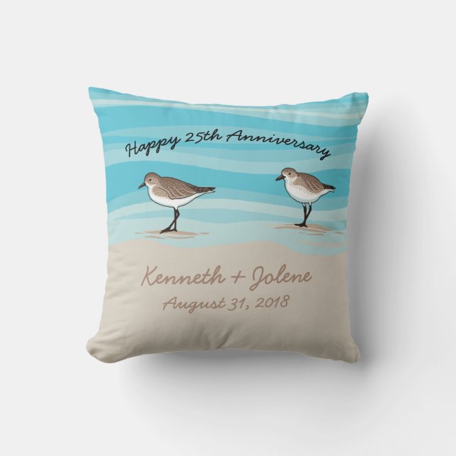 Sandpipers on Beach, Anniversary Names in Sand Throw Pillow (Front)