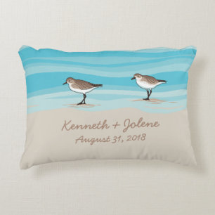Sandpipers on Beach Wedding Date Names in Sand Accent Pillow