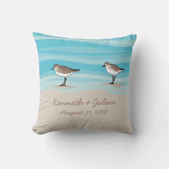 Sandpipers on Beach Wedding Date Names in Sand Throw Pillow (Front)