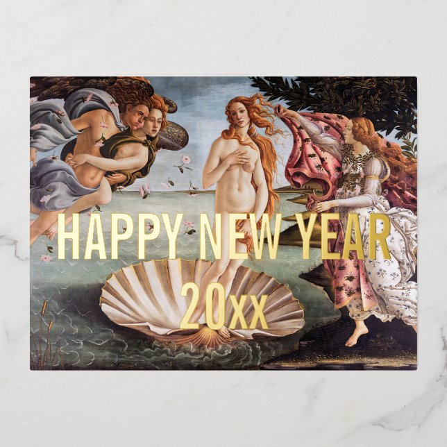 Sandro Botticelli - Birth of Venus Happy New Year Foil Holiday Postcard (Front)