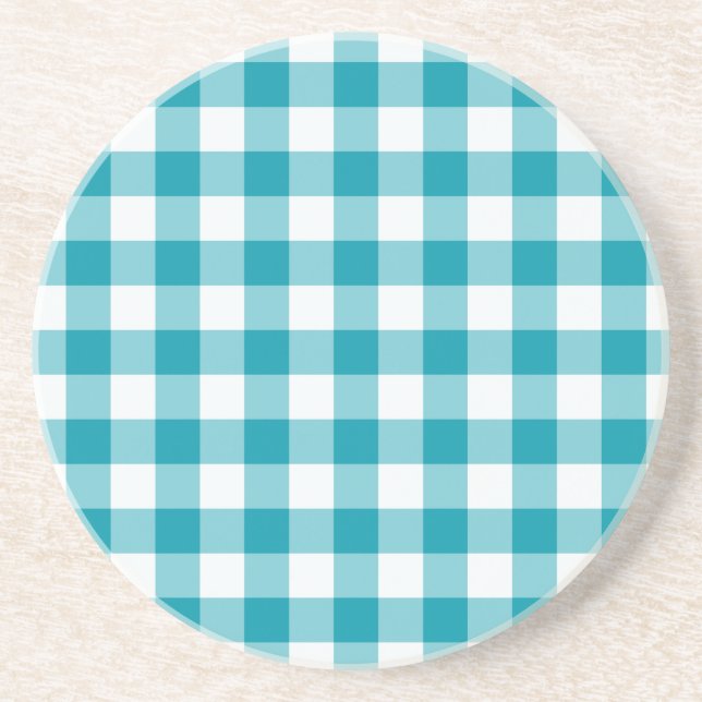 Sandstone Coaster, Teal Check Gingham Pattern Coaster (Front)