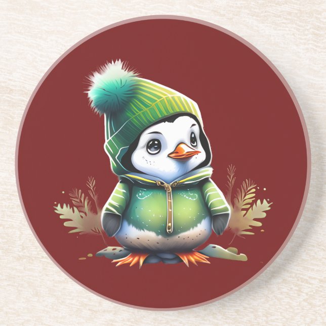 Sandstone Coasters with a Cute Penguin (Front)