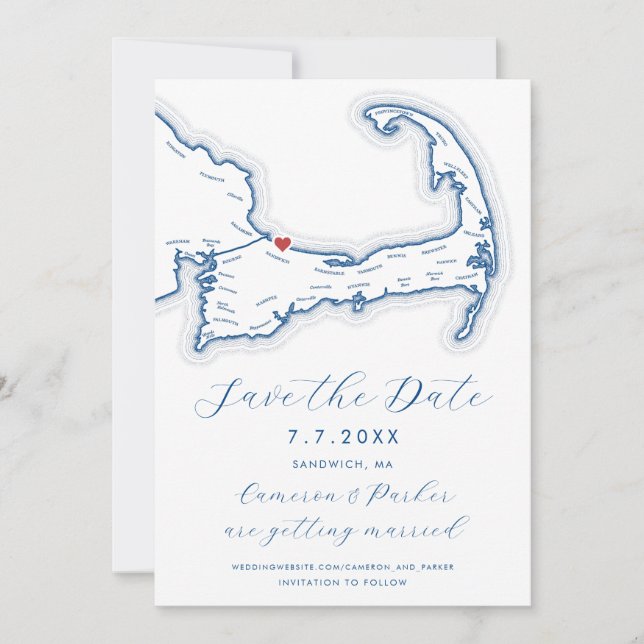 Sandwich MA Cape Cod Map Navy Blue Wedding Save The Date (Front)