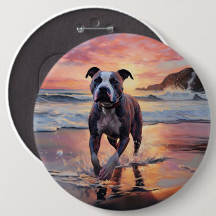 Sandy American Staffordshire Dog on Beach Sunset 6 Inch Round Button